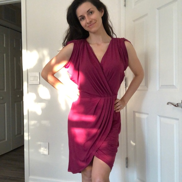 Draped Wrap Surplice V-Neck Magenta Dress Midi - Picture 7 of 8